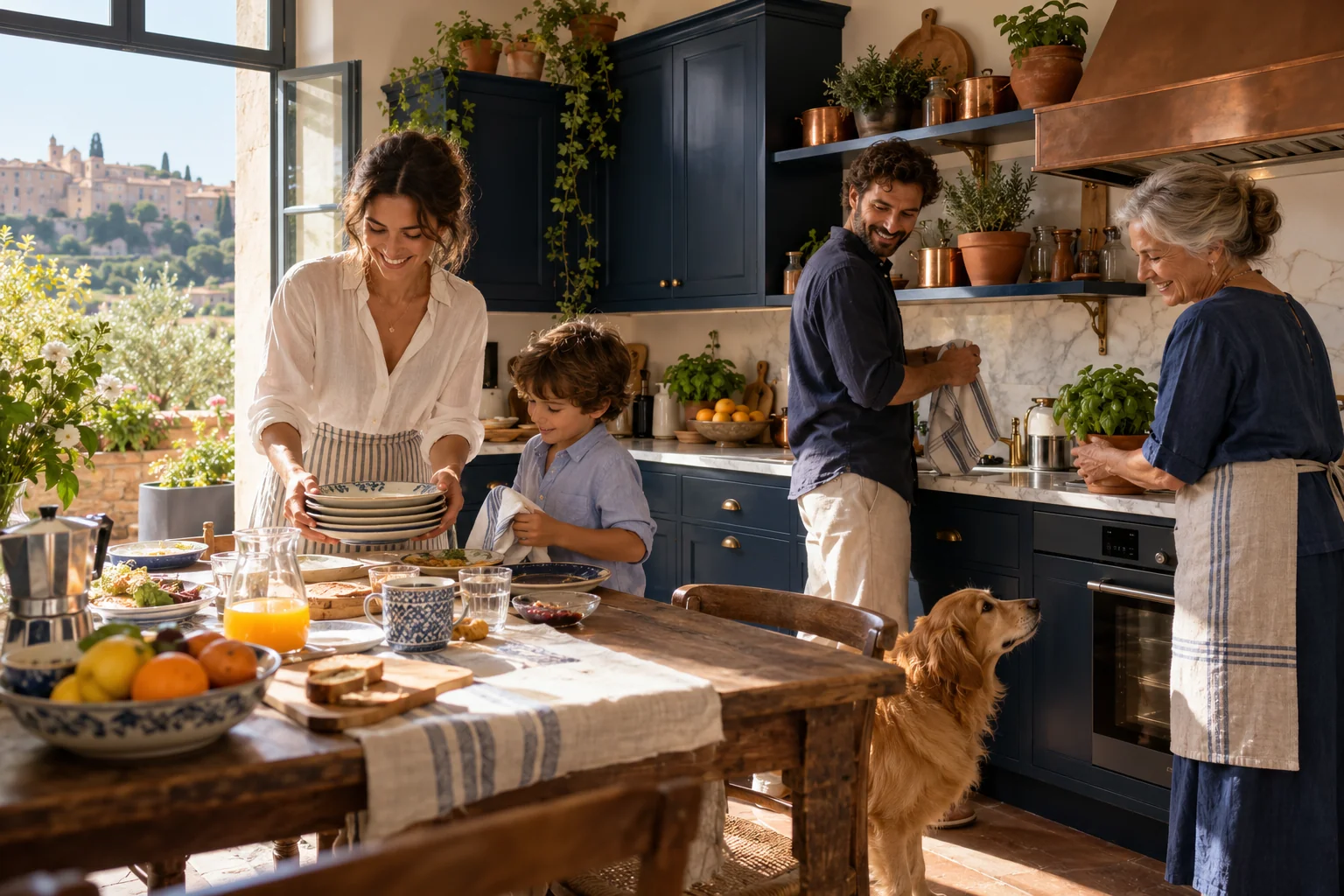 Una famiglia sistema una cucina dopo la colazione